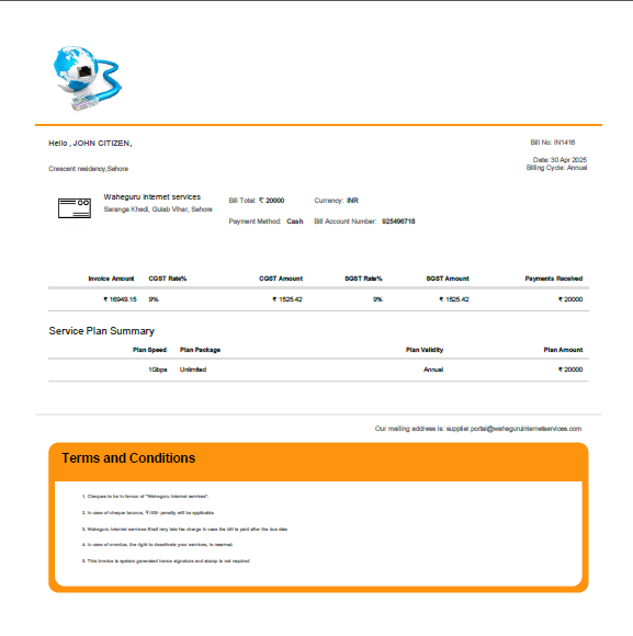 India Waheguru Telecom utility bill template in Word and PDF formats